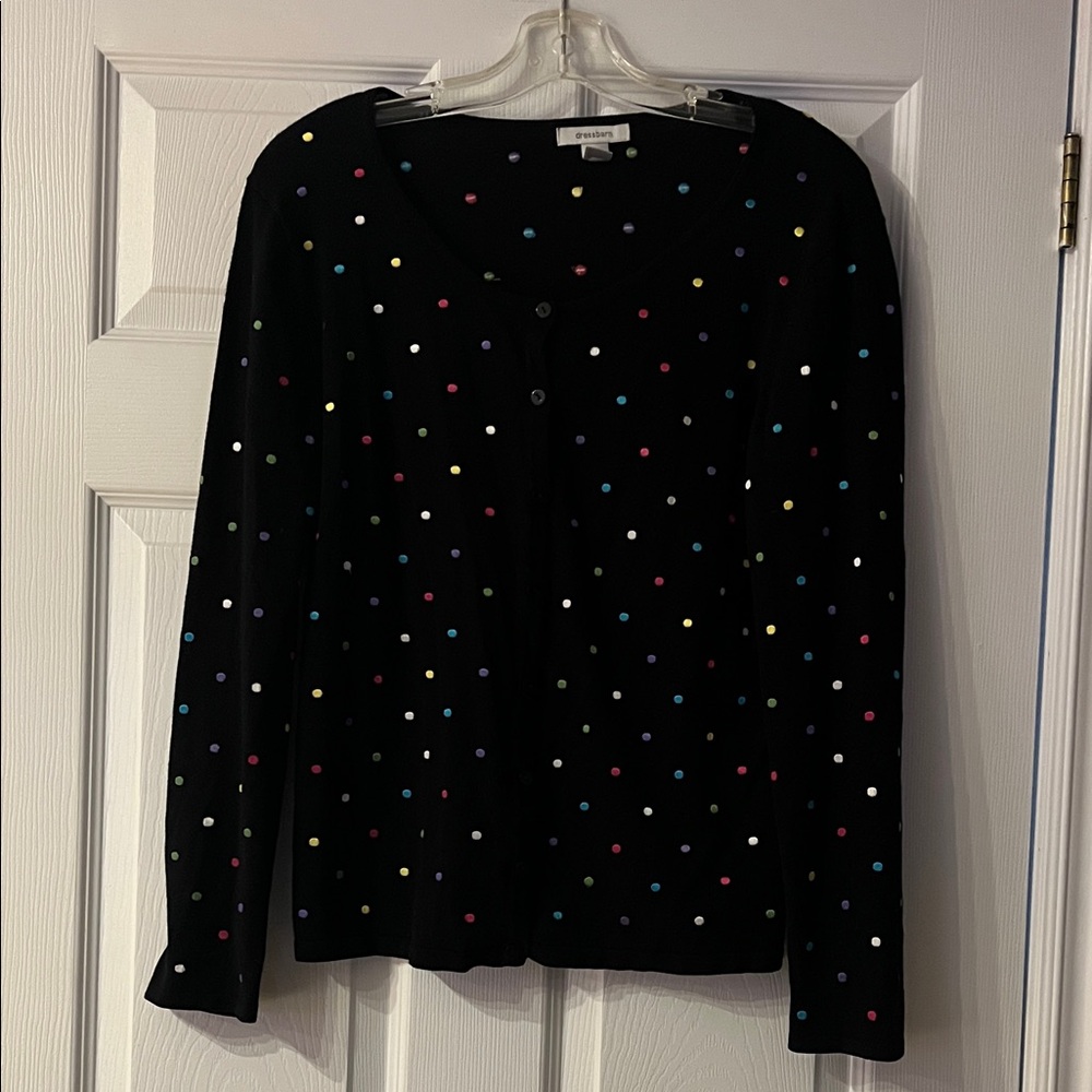 Dress Barn Black Cardigan with Multicolor Dots